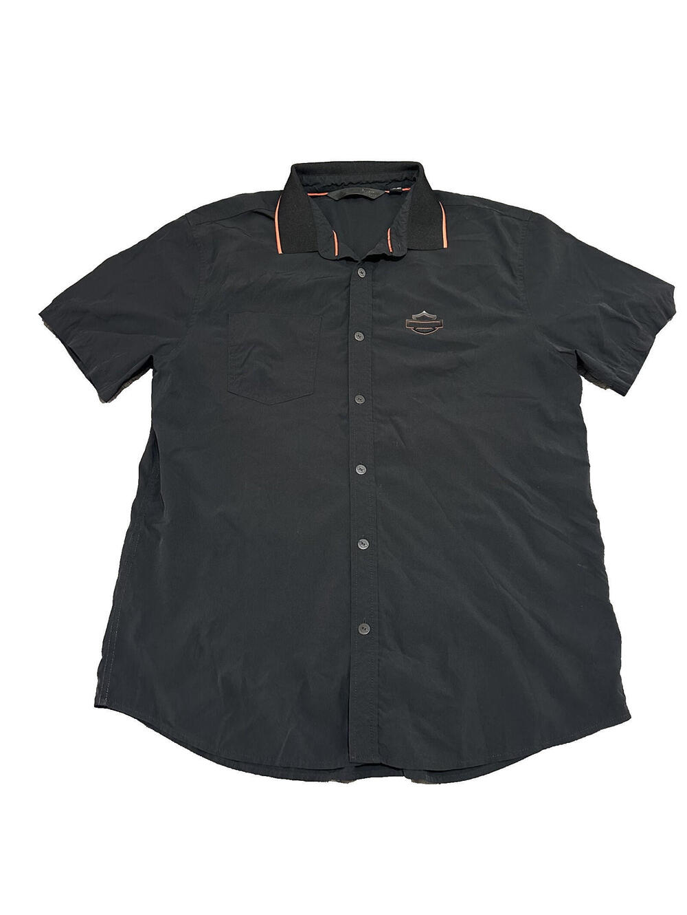 Harley Davidson Logo Men Black Button Short Sleeve Shirt Large L Slim Motorcycle